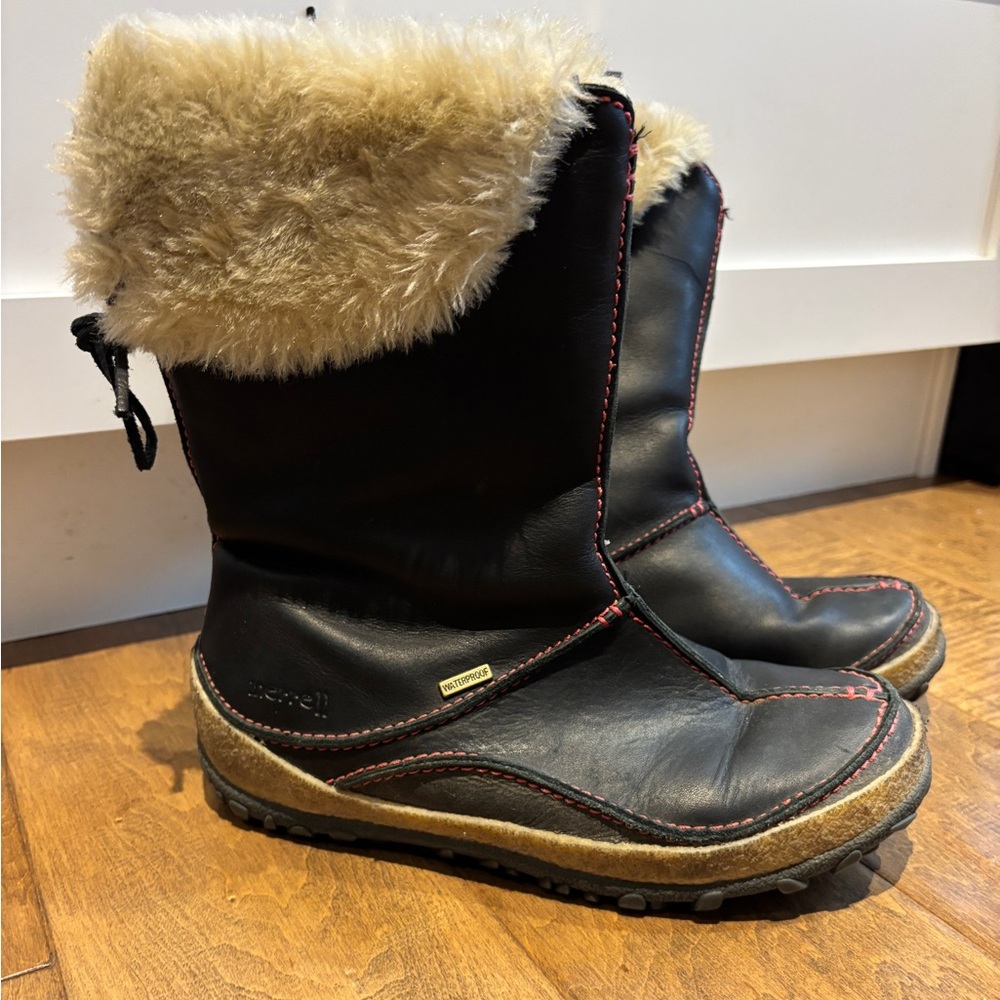 Merrell Black and Tan Boots with Faux Fur & Red Stitching